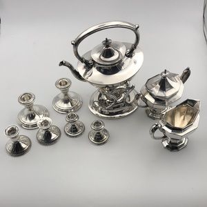 Reed & Barton Tilting Water Tea Kettle Cream Sugar Set Sterling Candle Holders